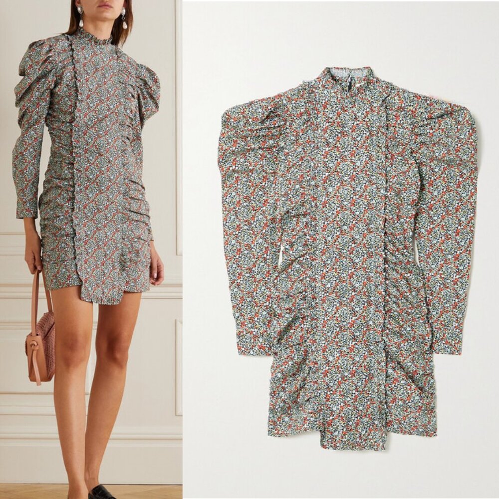 Ganni Ruched Floral-print Organic Cotton-poplin Mini Dress 34
